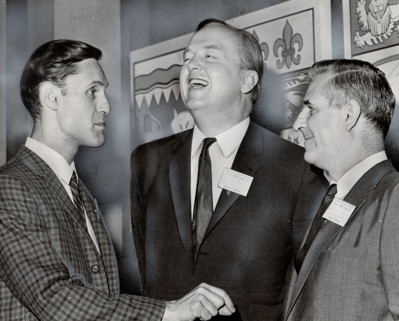 New NDP president James Renwick, MPP for Riverdale, stands between Stephen Lewis, left, who engineered his upset victory, and David Lewis, MP for York(...)