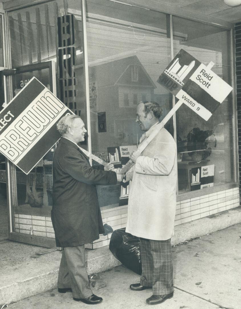 A headquarters changes hands. Andrew Brewin, who won Greenwood for the NDP in the federal election, carries one of his signs out of his headquarters, (...)