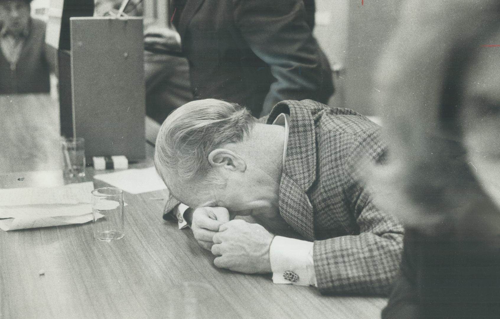 External affairs Minister Mitchell Sharp, who is running for re-election in Eglinton, listens to a question from 66-year-old Frank Lindover, a patient(...)