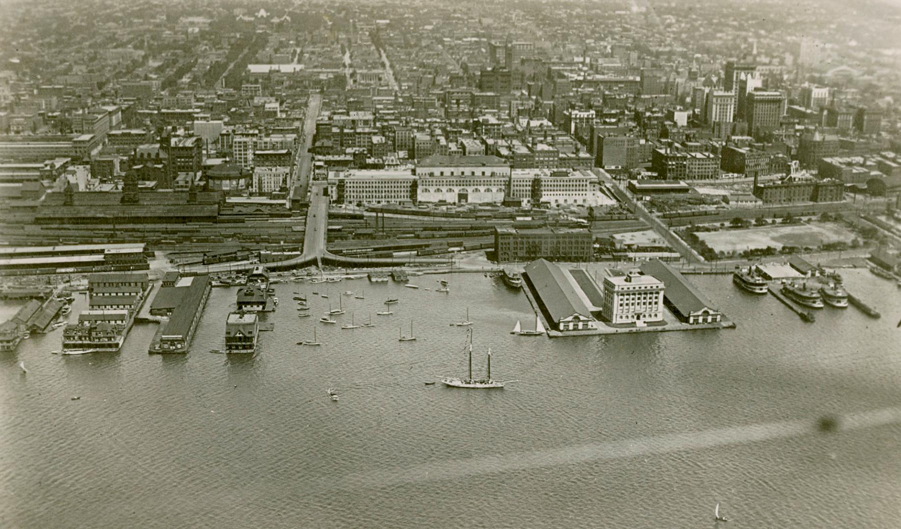 Image shows an aerial view of the Toronto Harbour.