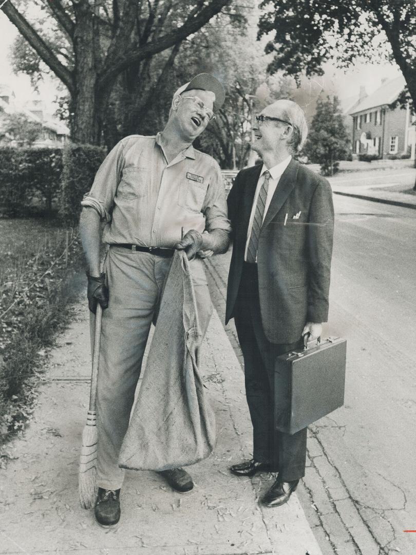 I'm always meeting people,' streetcleaner Fred Bowers, 64, says as he talks with George Fallis, an attorney who lives on Strathallan Blvd. Most persons on his beat know Bowers, who finds lost children and delivers messages - and, off duty, collect cameras, processes still and movie films, fishes and ties flies.