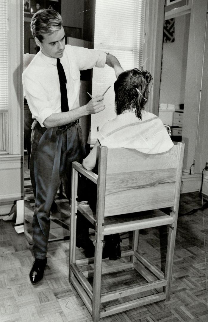 Denis Bouchard, above, looks like a movie star with nostalgic tastes. At his salon on Carlton St. he wears army fatigues, a Viyella shirt and black leather nose-pickers from Courage My Love.