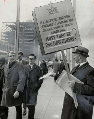 One language (English) will unite Canada into a strong national, says pamphlet distributed by William Busby of Canadian National Association near Confederation of Tomorrow Conference in Toronto-Dominion Centre.