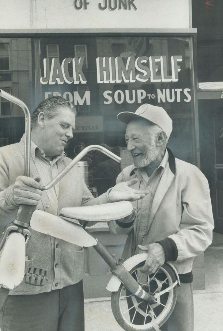 Doreen MacDonald picked up a toaster from a pile of battered appliances in the Qeen St. E. Soup-to-nuts junk store run by Jack Himself Cohen. One dollar. Himself said. Does it work? Doreen asked. I don't know. Why don't you plug it in and find out? All I do is sell as is. You won't plug it in? No. Doreen paid the $1 and once again proved Himself's credo: I don't polish anything. I learned my lesson when I polished the $25 special finish off a candelabra early in business. Since then I sell everything just as it is. [Incomplete]