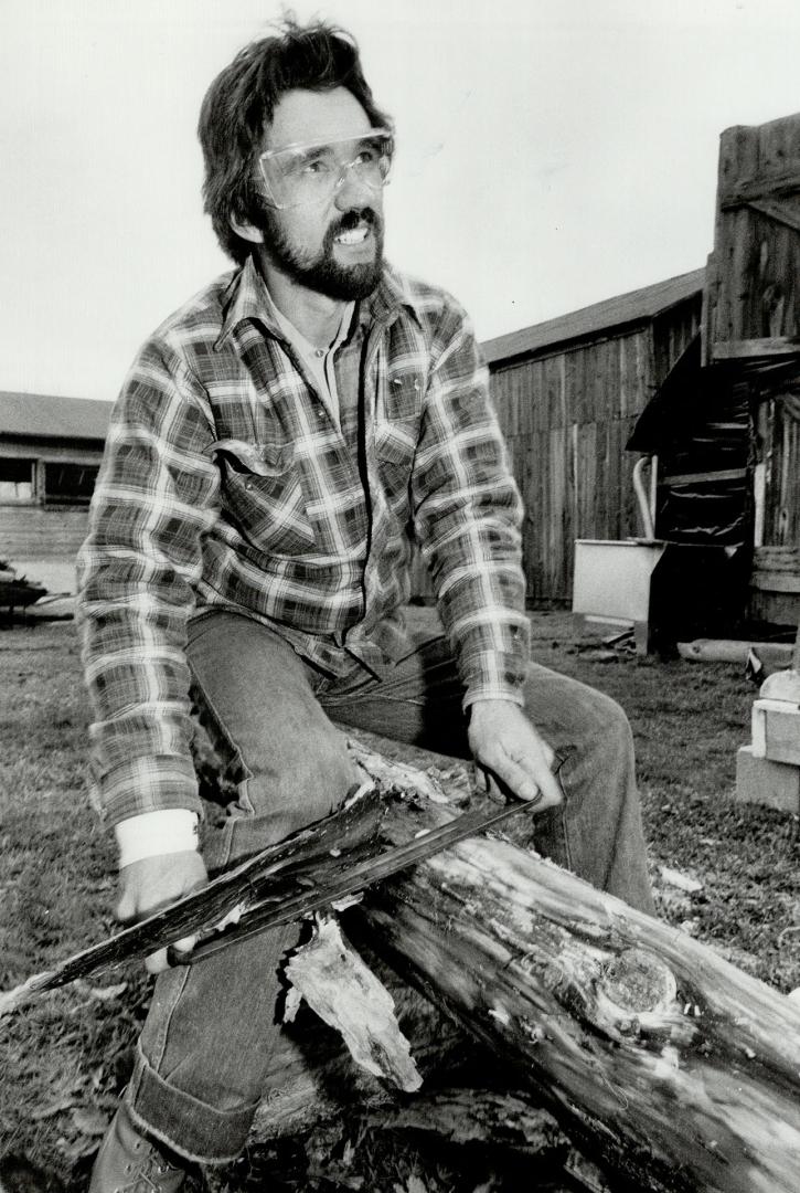 Creating with wood: Marvin Christi (above) uses modern chainsaws and old-time hand instruments to prepare the logs with which he builds houses. Each is unique: Orono artist Ron Barber (right) carves a different decoration for each Christie creation, in this case a painstakingly detailed eagle on a crooked beam that will project from the house over the front door.