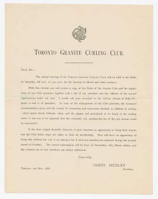 [Circular] : the annual meeting of the Toronto Granite Curling Club will be held in the rink, on Saturday, 8th inst. at 7.30 p.m., for the election of officers and other business