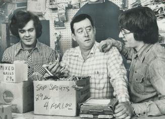 Northern Metro's most famous family owned hardware store is located in two-storey, pre-Confederation building at northwest corner of Yonge St. and Sheppard Ave. Dempsey Bros. Ltd., founded in 1921, stocks more than 140,000 items and its sales staff knows where every item is. Bob Dempsey (middle) and his brother, James, run iness their father began. Their sons, James Jr. and Mark (right) are interested in carrying [Incomplete]