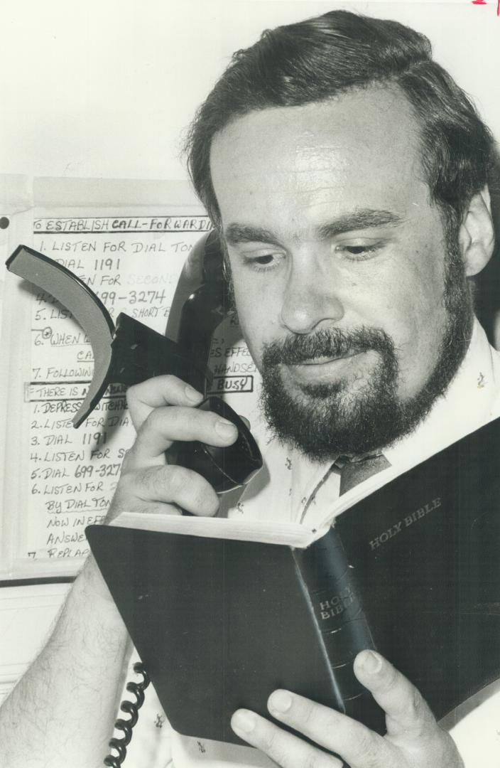 Manning The Phone at his Christian Distress Clinic, Bruce Doney offers spiritual comfrot and practical help to anyone who calls in distress. He started the clinic 3 1/2 years ago and now he and a staff of 11 volunteers handle an average of 18-19 calls a day.