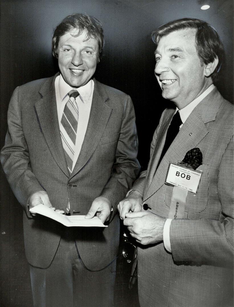 More women: Attorney-General Roy McMurtry, left, chats with Ontario Chamber of Commerce president Robert Duddy prior to speech at chamber's annual meeting.