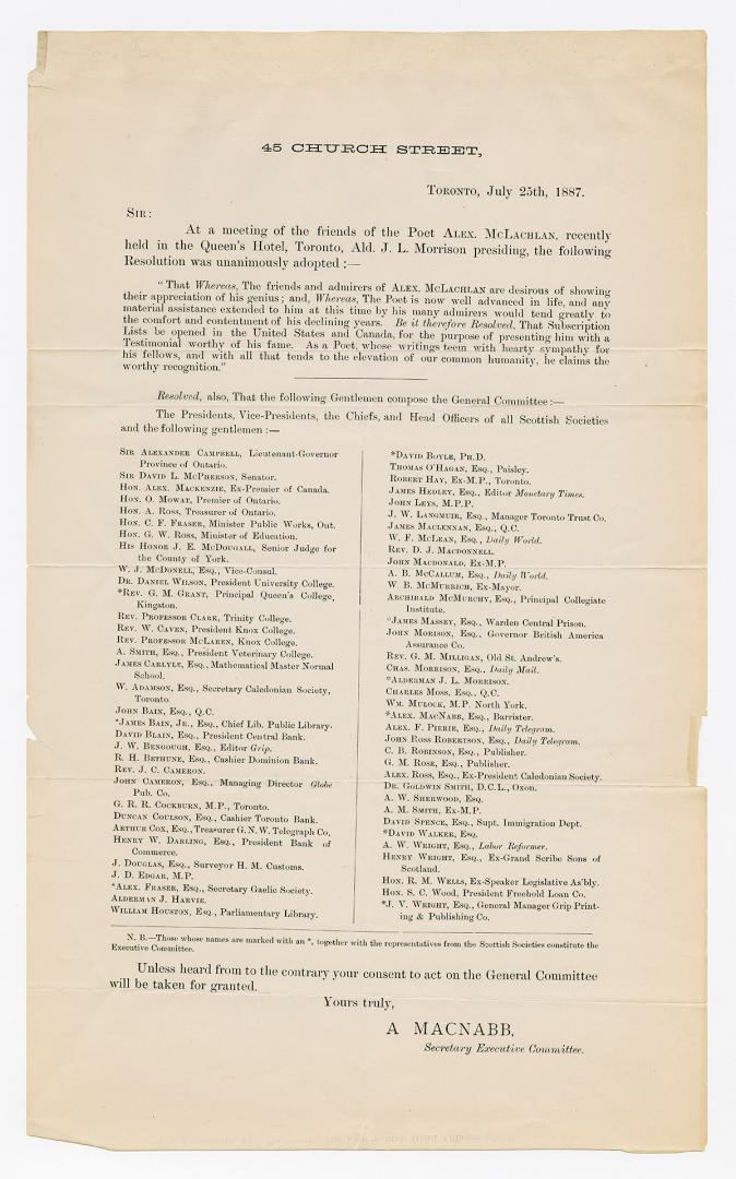 [Circular] : at a meeting of the friends of the poet Alex. McLachlan, recently held in the Queen's Hotel, Toronto, Ald. J.L. Morrison presiding, the following resolution was unanimously adopted ...