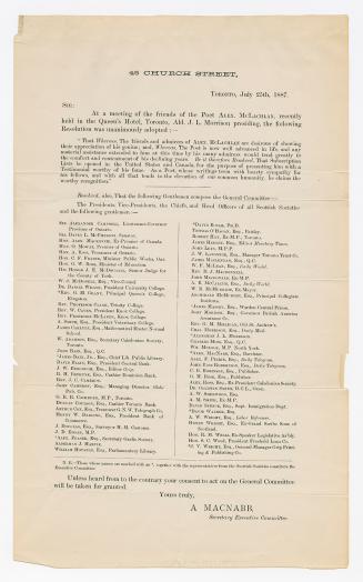 [Circular] : at a meeting of the friends of the poet Alex. McLachlan, recently held in the Queen's Hotel, Toronto, Ald. J.L. Morrison presiding, the following resolution was unanimously adopted ...