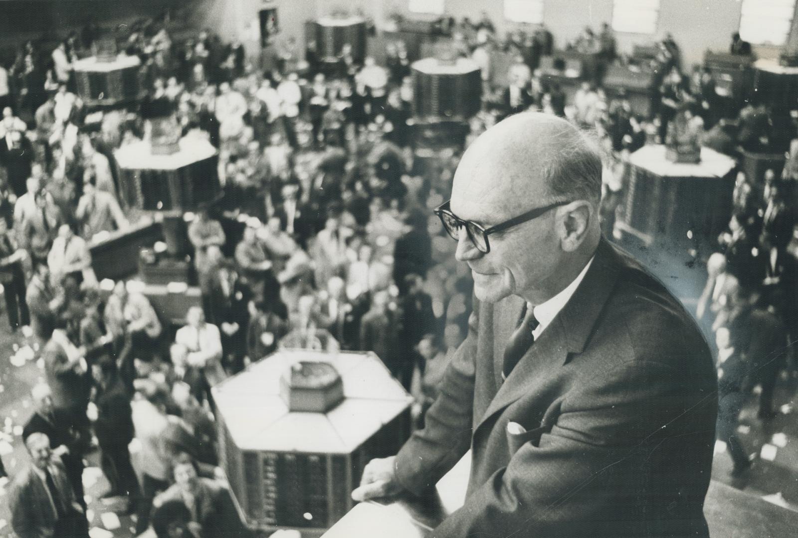 Jack Hicks takes up an unaccustomed spot at the Toronto Stock Exchange - the public gallery