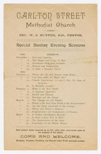 Carlton Street Methodist Church : Rev. W.J. Hunter, D.D., Pastor : special Sunday evening sermons