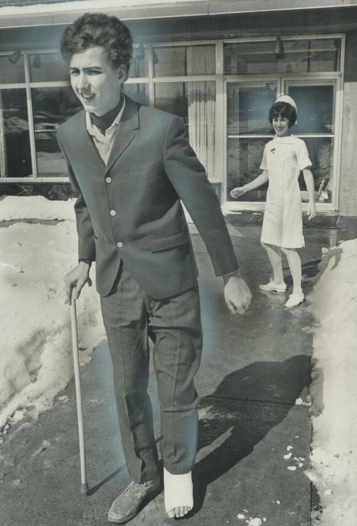 Wished good luck by nurse Anita White, 16-year-old Bob Terry leaves Scarborough General Hospital today, eight months after he was told he'd never walk again on leg mangled in motorcycle accident