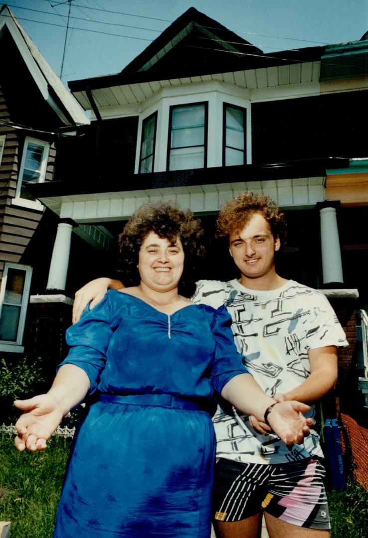 Joe Perez, above, with mom Maria in front of their house, dreams of being able to pay off the mortgage. The student works summer and winter.