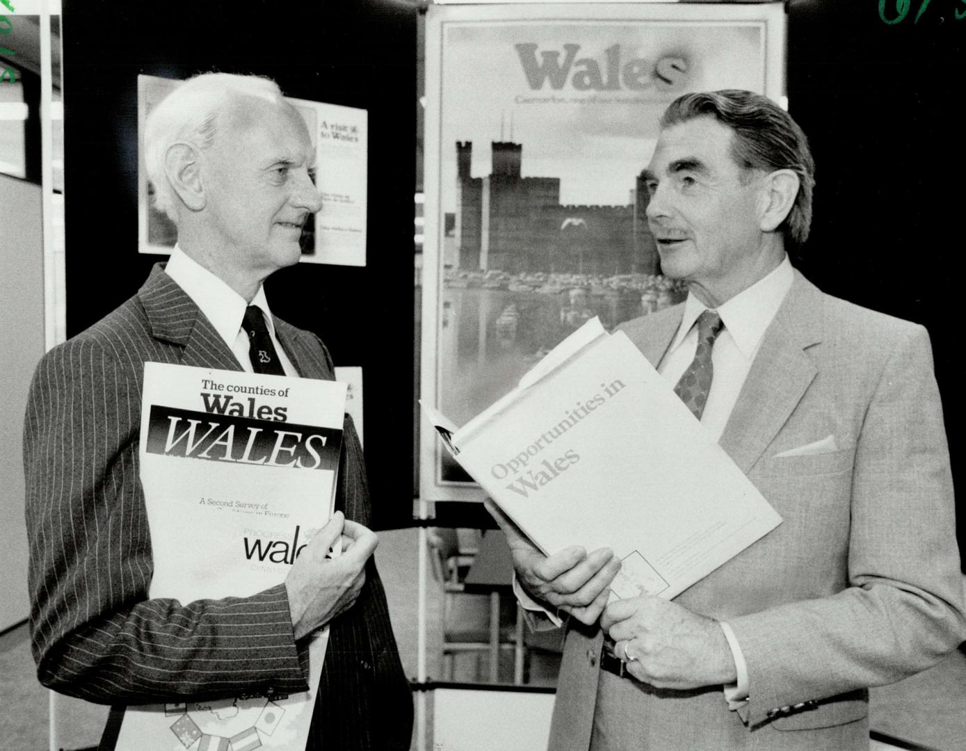 Drumming up business: Sir Idwal Pugh, chairman of the Development Corporation for Wales, left, and Meirion Lewis, director of the corporation, talk about the possibilities of Canaian investment in Wales, with its trade links with consumers in Europe