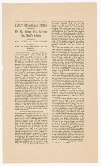 About universal peace : Mr. W. Holman Hunt endorses Mr. Monk's scheme and sends a contribution with the hope that others will do likewise