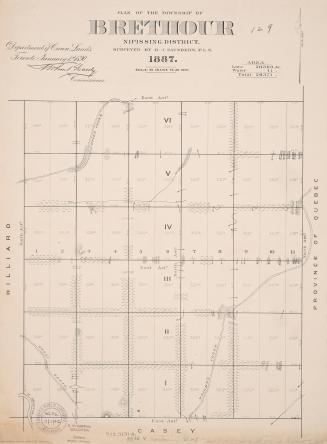 Plan of the township of Brethour Nipissing District, surveyed by B.J. Saunders, P.L.S. 1887