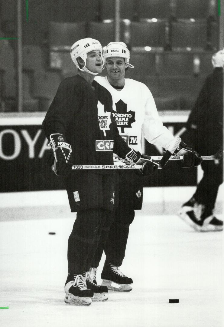 What, us worry? Leafs Mike Krusheinyski, left, and Dave Ellett don't seem fazed about facing Habs tonight.