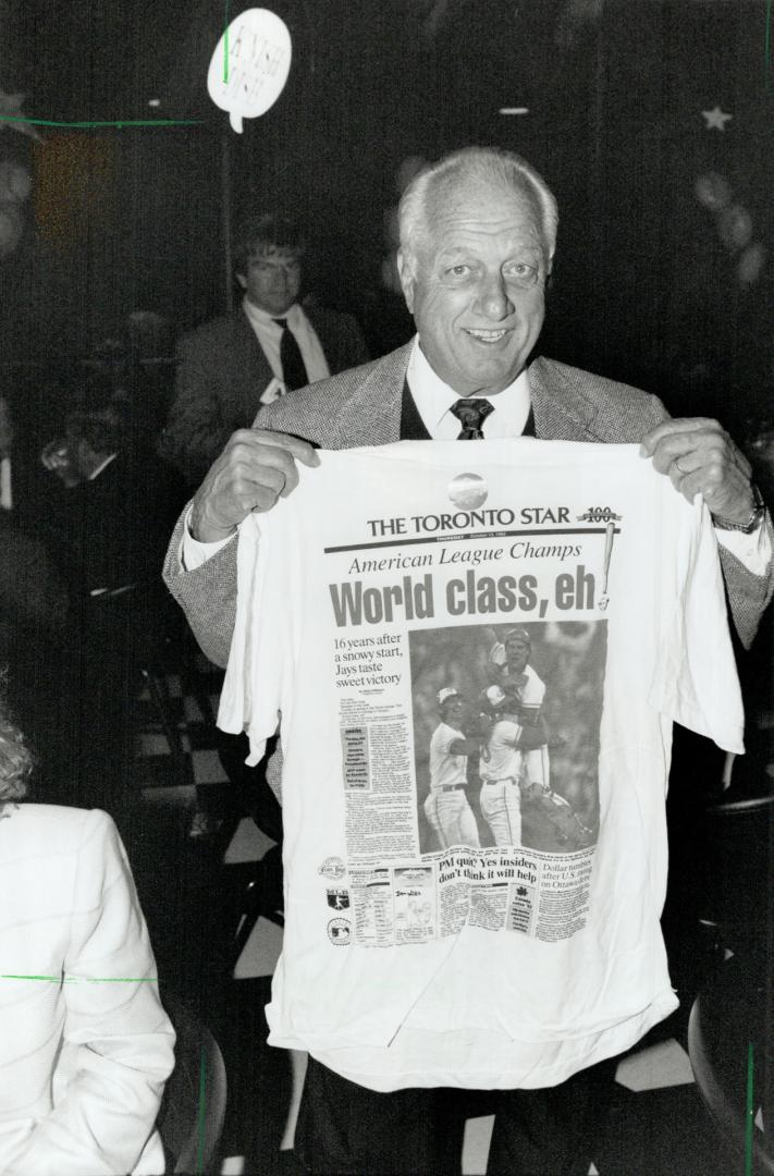 One in a series: Jessie Foyle, 77, left, sports the World Series tickets she has used over the past 28 years while Los Angeles Dodgers manager Tommy Lasorda flashes his new Star T-shirt yesterday