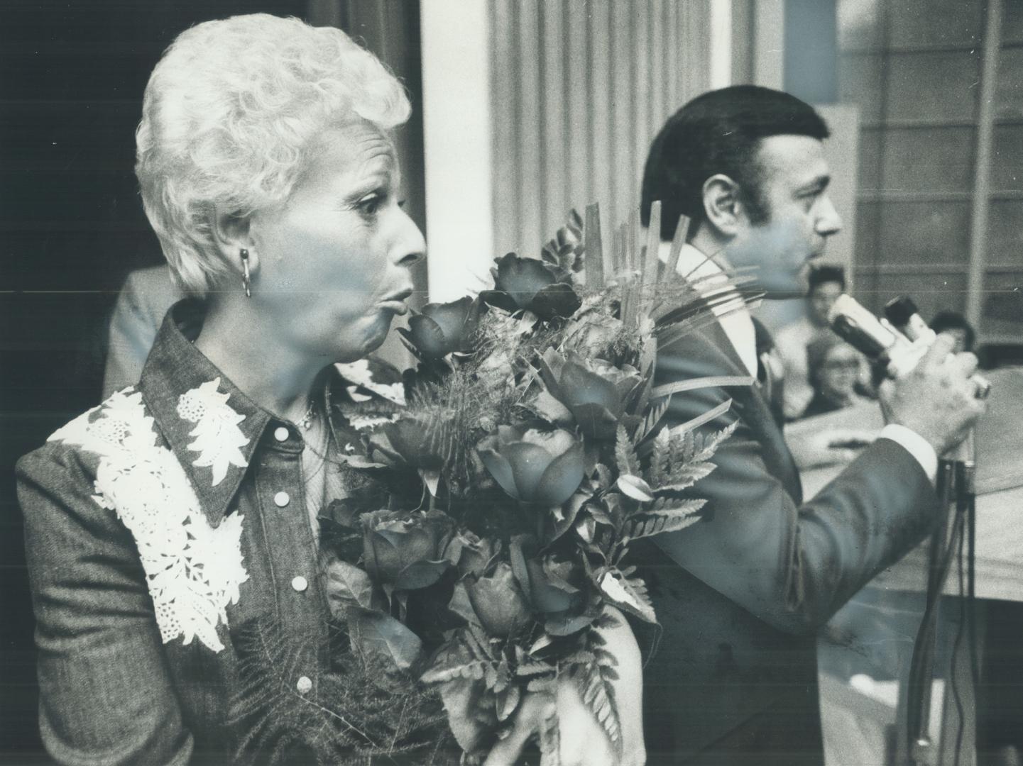 After Winning the Progressive-conservative nomination in the provincial riding of Armourdale last night, North York Mayor Mel Lastman addresses the meeting with his wife, Marilyn, beside him