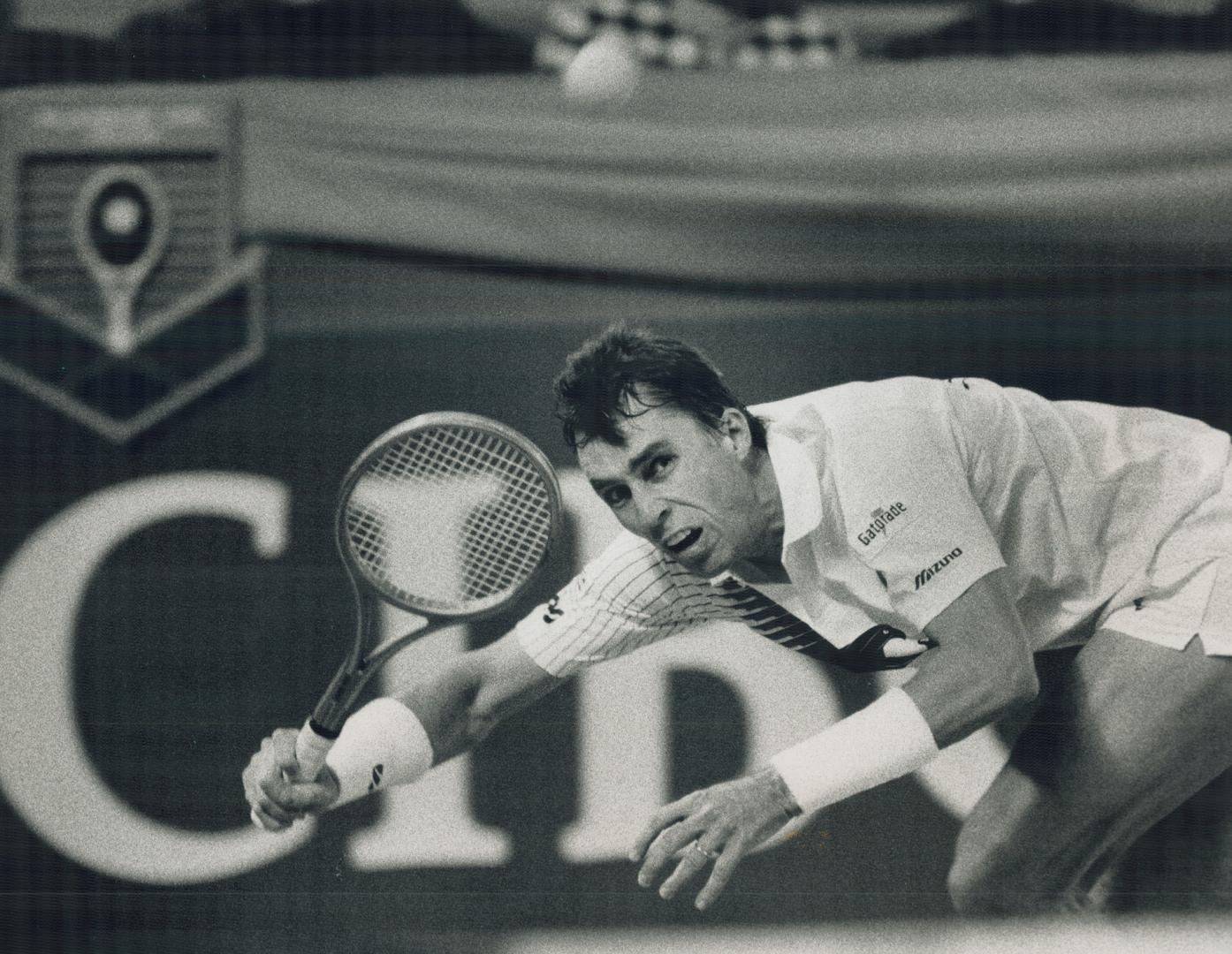 Bearing down: Czech tennis ace Ivan Lendi was all business as he dispatched overmatched American Tim Mayotte 6-3, 6-0 to win the inaugural SkyDome Tennis event in a mere 64 minutes yesterday at the dome