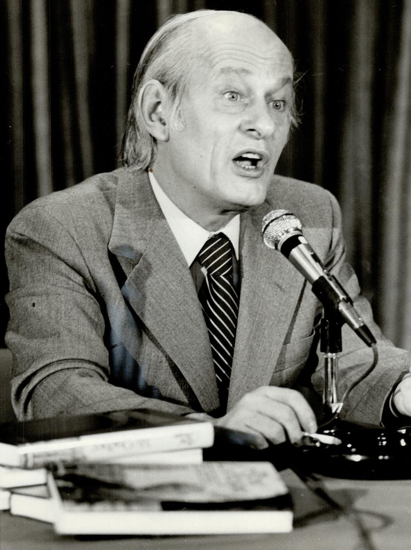 Quebec Premier Rene Levesque at press conference in Toronto