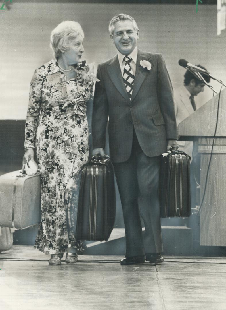 Farewell presents from the NDP to retiring leader David Lewis and his wife, Sophie, included tickets to Geneva, where he is to receive a Socialist International Award next year, and a set of matched luggage to take with them