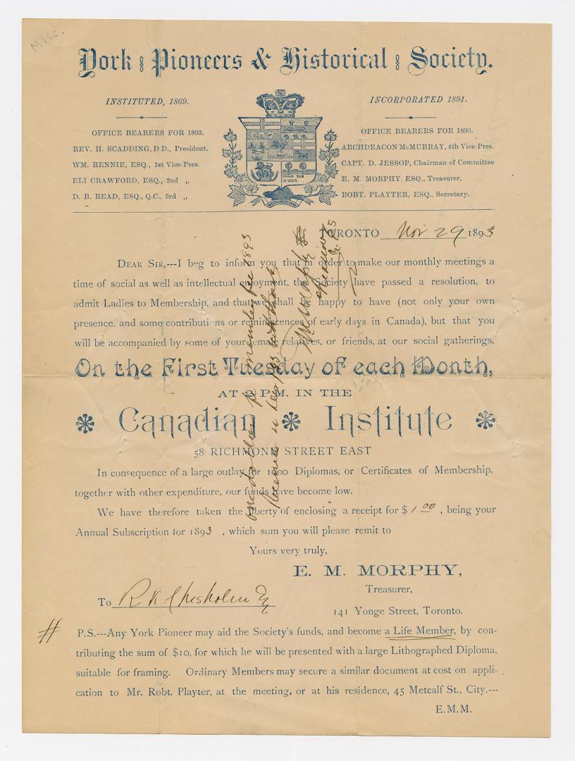 York Pioneers & Historical Society ... I beg to inform you that in order to make our monthly meetings a time of social as well as intellectual enjoyment, the society have passed a resolution to admit ladies to membership