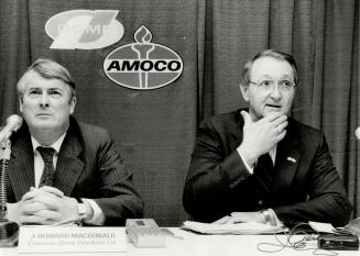 Will it fly? Dome Petroleum chairman Howard Macdonald, left, and Amoco Canada president Don Stacy spent four hours yesterday outlining for creditors the terms of Amoco's offer for shattered Dome Pete