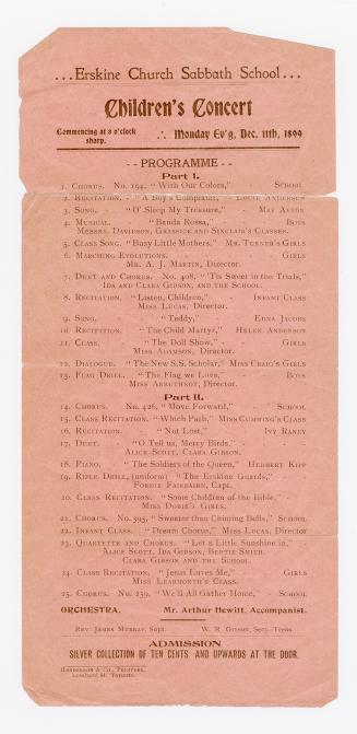 Erskine Church Sabbath School : children's concert, commencing at 8 o'clock sharp, Monday ev'g, Dec. 11th, 1899, : programme