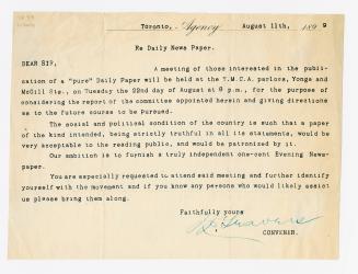 Dear Sir, a meeting of those interested in the publication of a "pure" daily paper will be held at the Y.M.C.A. parlors, Yonge and McGill Sts., on Tuesday the 22nd day of August at 8 p.m.