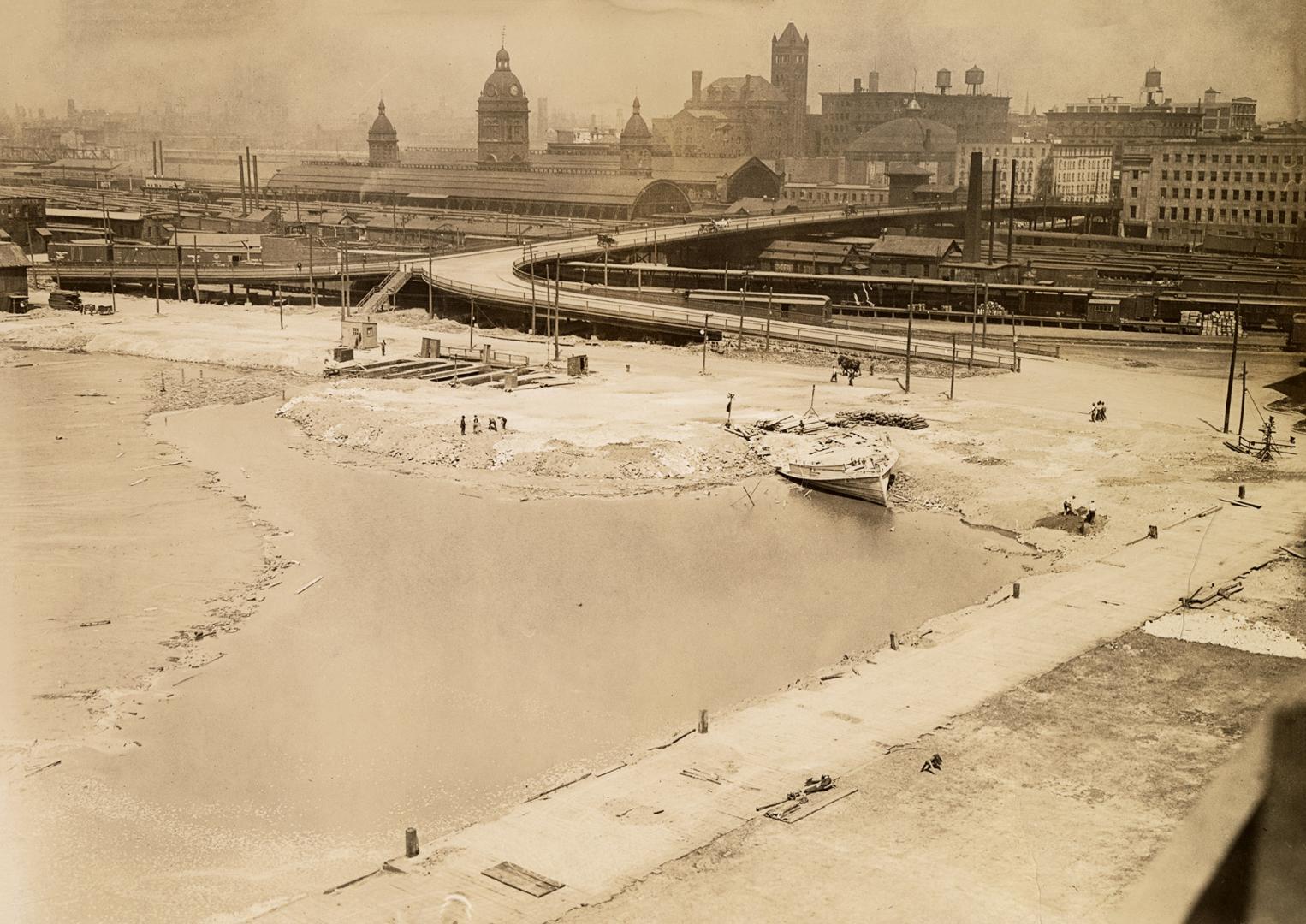 Image shows construction in progress at the waterfront.