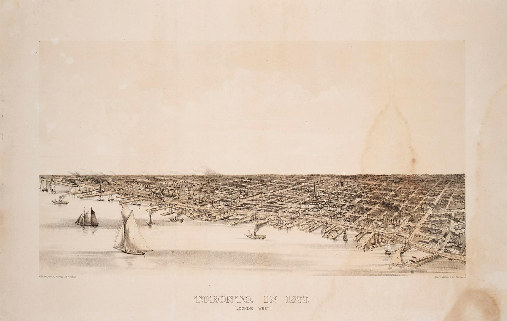 Toronto 1877. Bird's-eye view looking north west from harbour to north of Queen St., from Bathurst St. on the west to Trinity St. on the east.