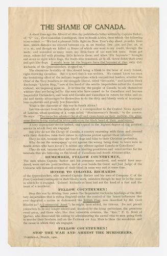 The Shame of Canada : a short time ago the Herald of this city published a letter written by Captain Barker, of "C" Co., First Canadian Contingent, now in South Africa ...