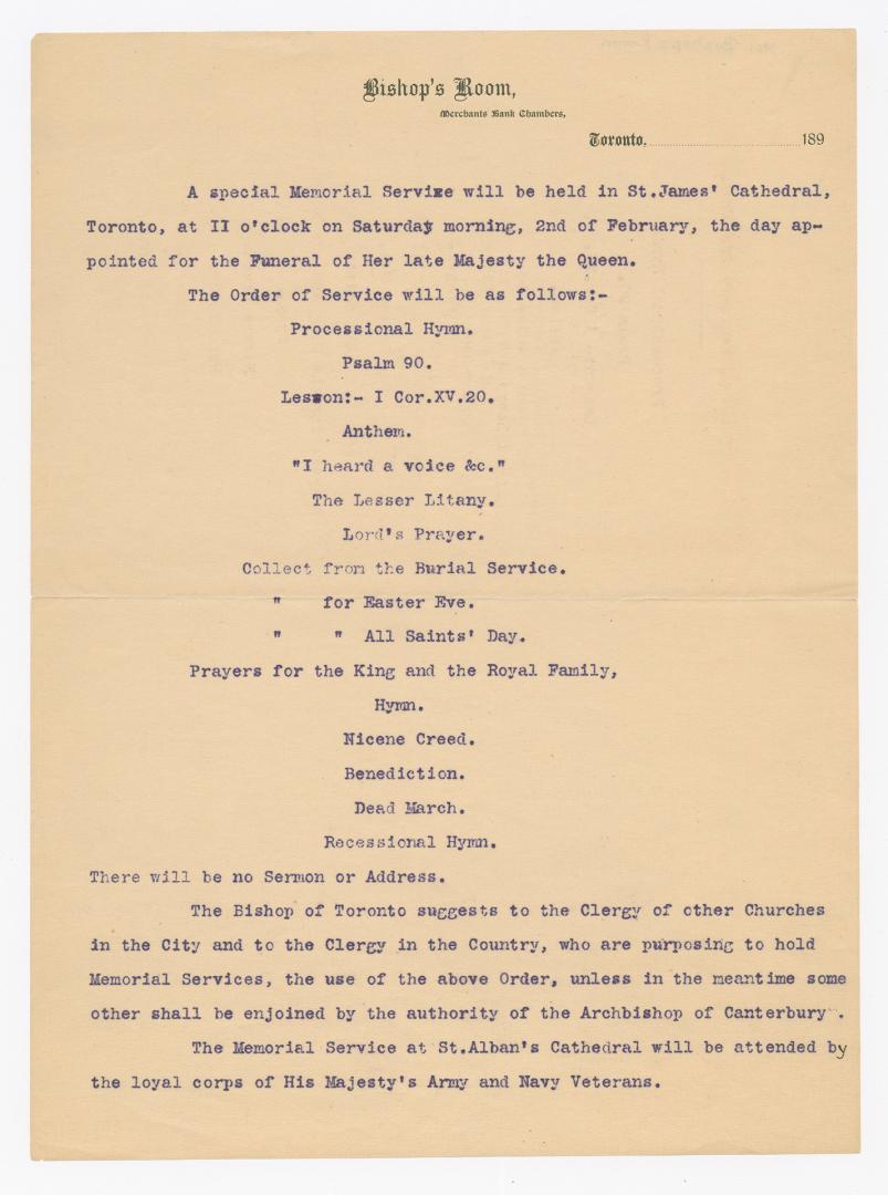 Bishop's Room, merchants bank chambers : a special memorial service will be held in St. James' Cathedral, Toronto ... the day appointed for the funeral of Her Late Majesty the Queen