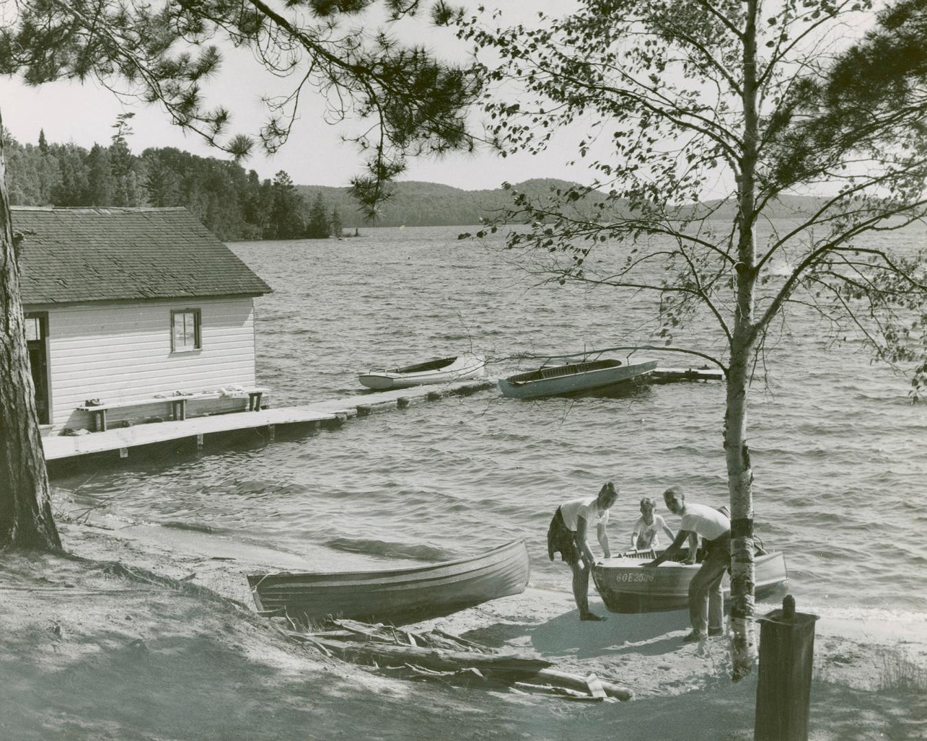 Amid frame of silver birches a happy holiday trio pulls outboard motorboat ashore at Dwight bay on Lake of Bays.