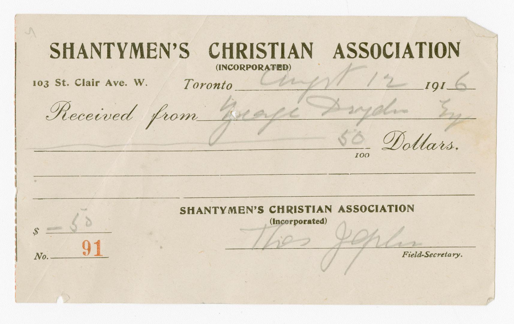 Image shows a receipt from Shantymen's Christian Association (Incorporated).
