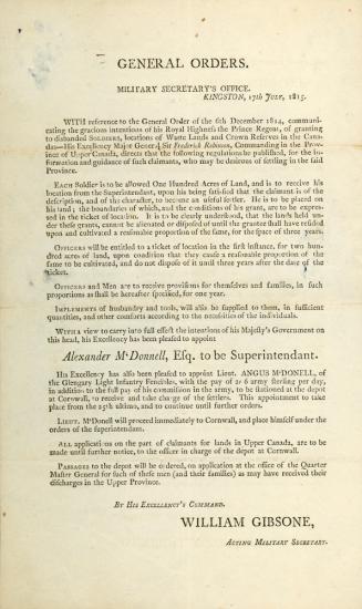 General orders. Military Secretary's Office, Kingston. 17th July, 1815.