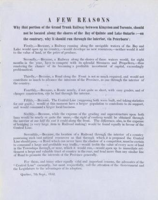 A few reasons why that portion of the Grand Trunk Railway between Kingston and Toronto should run through the interior, via Peterboro'