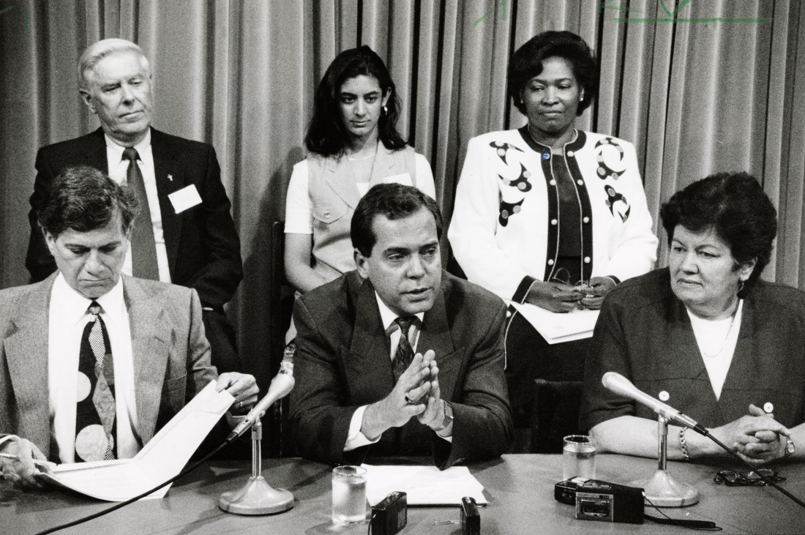 Royal commission: Education Minister Dave Cooke, centre, Introduces task force members: clockwise from his right, Gerald Caplan, Monsignor Dennis Murphy, Manisha Bharti, Avis Glaze, Monique Begin