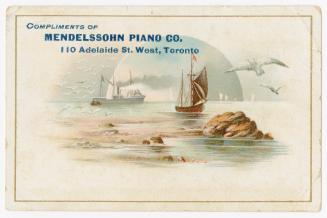 Scene of sailboats on the water by a rocky shore; seagulls are flying around and an image of a …