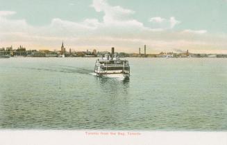 Image shows a boat on the lake with Toronto buildings in the background.