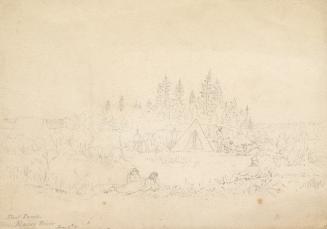 A very faded drawing of an encampment, with two tents and a number of people resting or working…