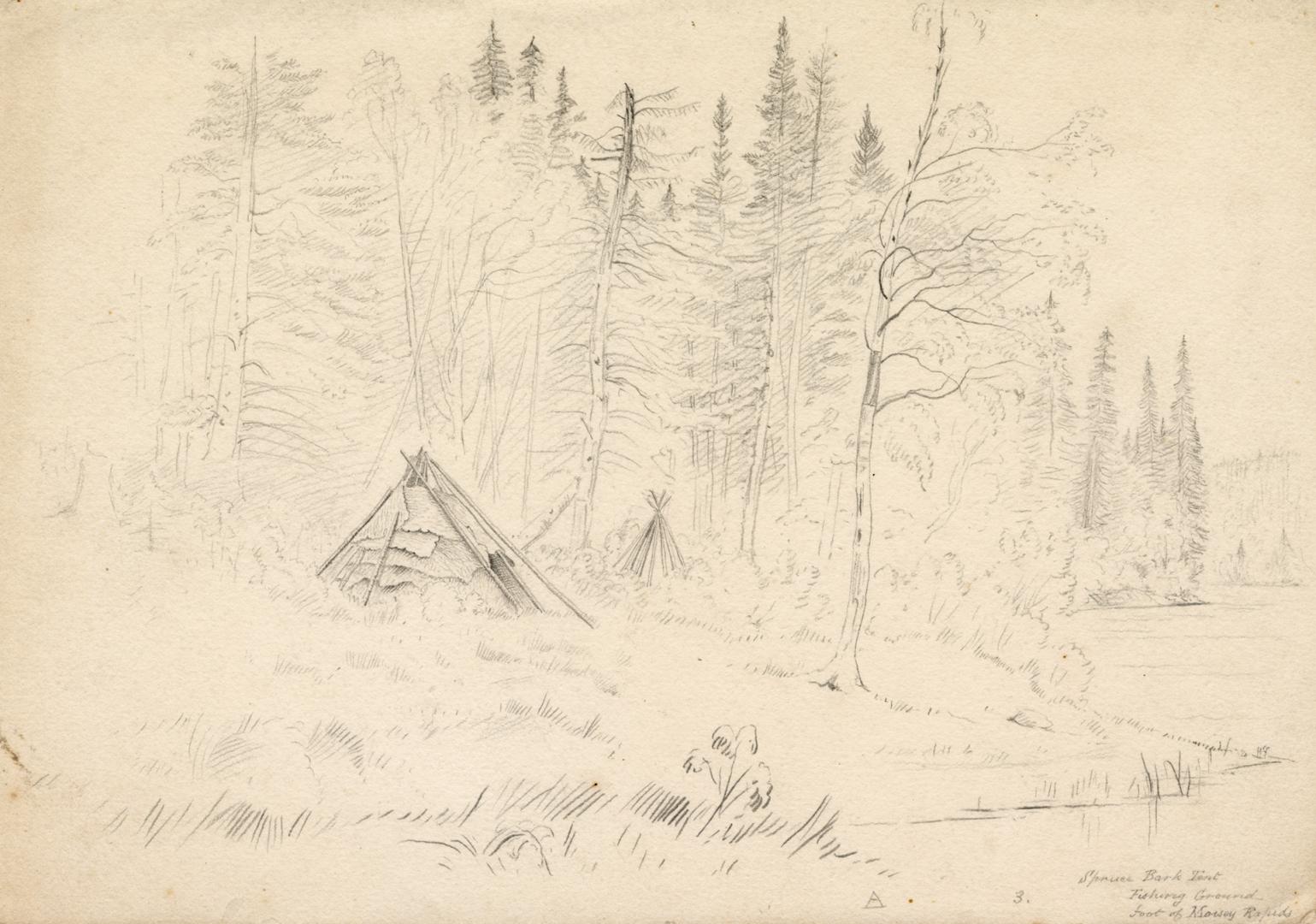 A very faded drawing of an encampment, with structures in the forest. The nearest one is a tent…