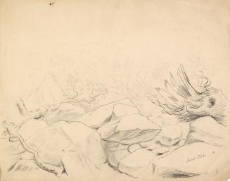 A very faded pencil drawing showing fallen rocks, with tree roots, branches and fragments burie…