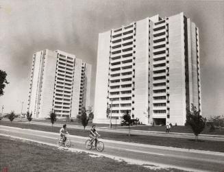 Twin towers of an apartment complex overlook Harwood Avenue. Ajax, Ontario