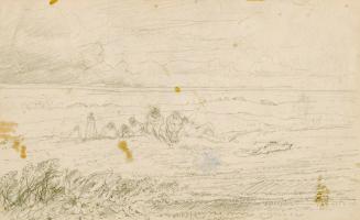 Image is very faded. Shows approximately 8 seated figures in a flat landscape. Small bushes in …