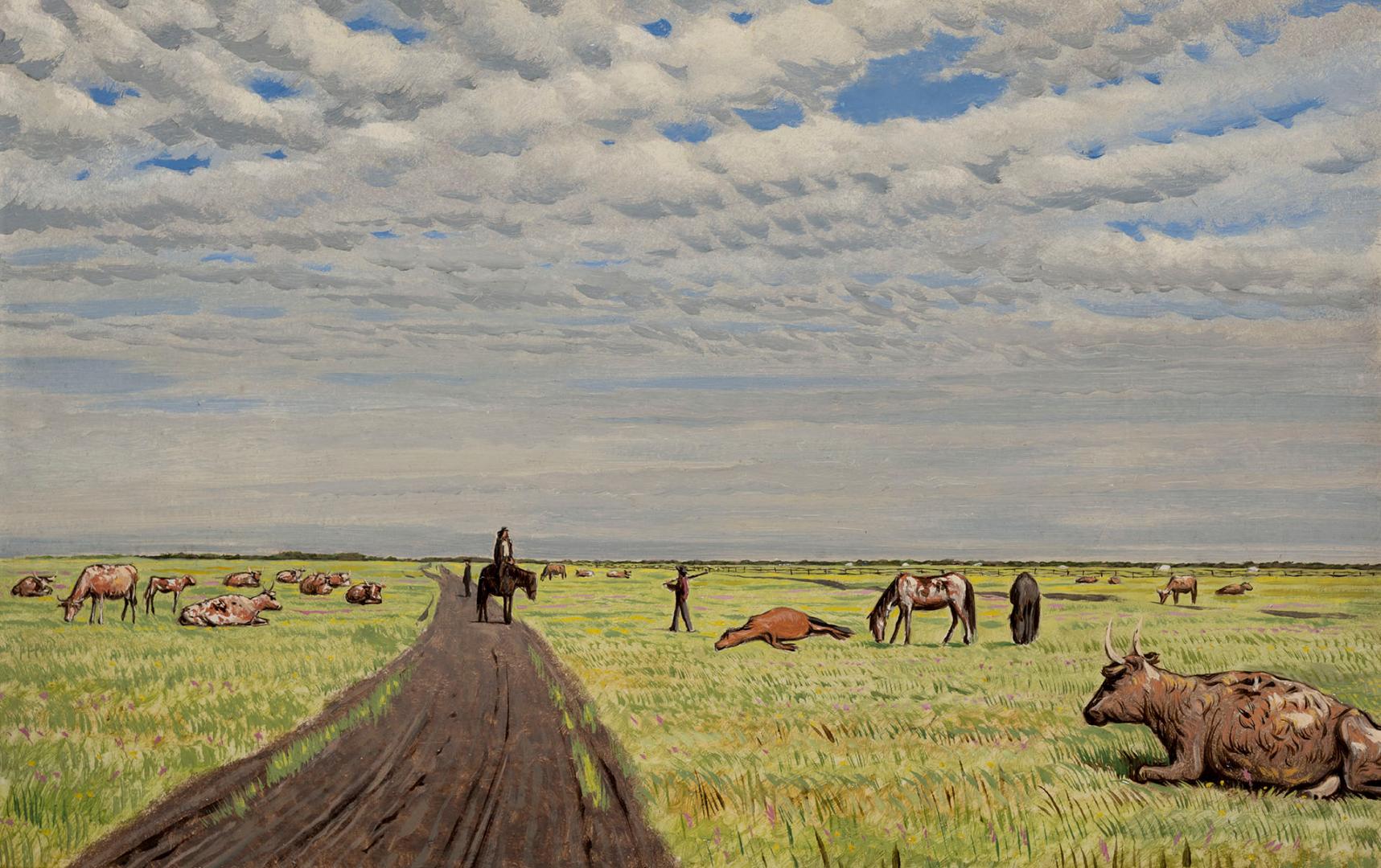 Manitoba Prairie scene with three figures, horses and cattle