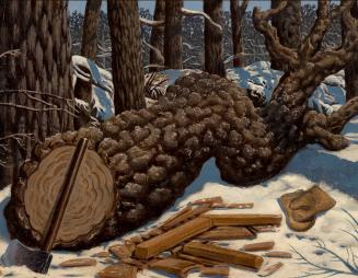 Colour painting of a felled coniferous tree. An axe leans on the cut end. Several pieces of tri…